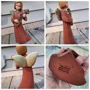 Vtg Angel & lute figurine Christmas 8" Wood World country folk art